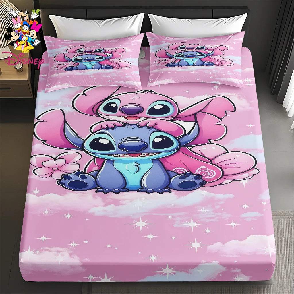 2/3pcs Disney Stitch Pink Galaxy Pattern Fitted Sheet Set Mattress Comfortable Breathable Bedding Set Deep Pocket for Bedroom