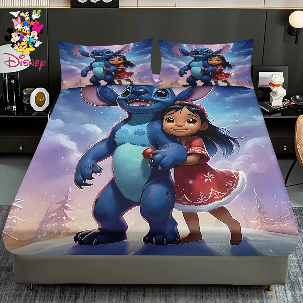 2/3pcs Disney Stitch Pink Galaxy Pattern Fitted Sheet Set Mattress Comfortable Breathable Bedding Set Deep Pocket for Bedroom