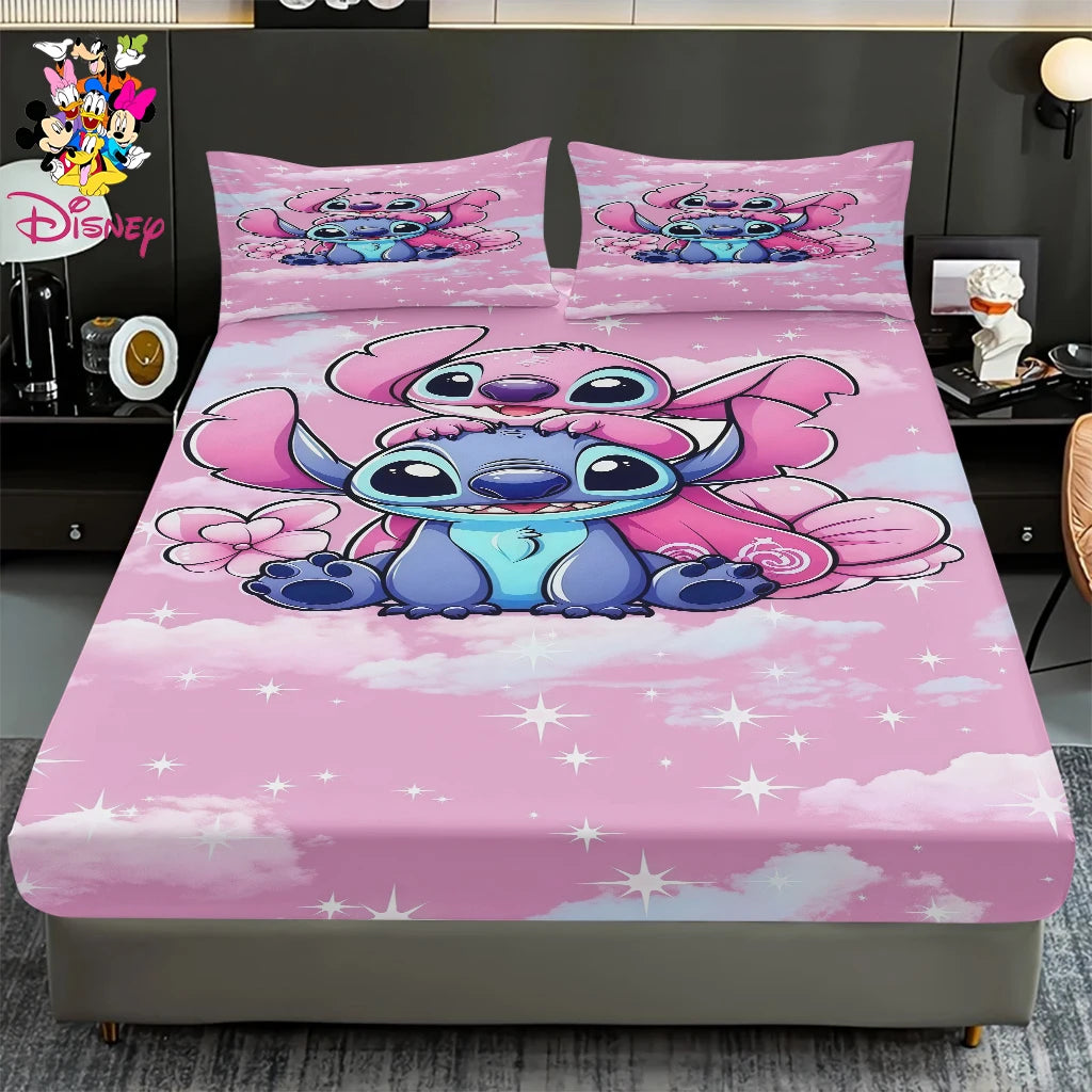 2/3pcs Disney Stitch Pink Galaxy Pattern Fitted Sheet Set Mattress Comfortable Breathable Bedding Set Deep Pocket for Bedroom