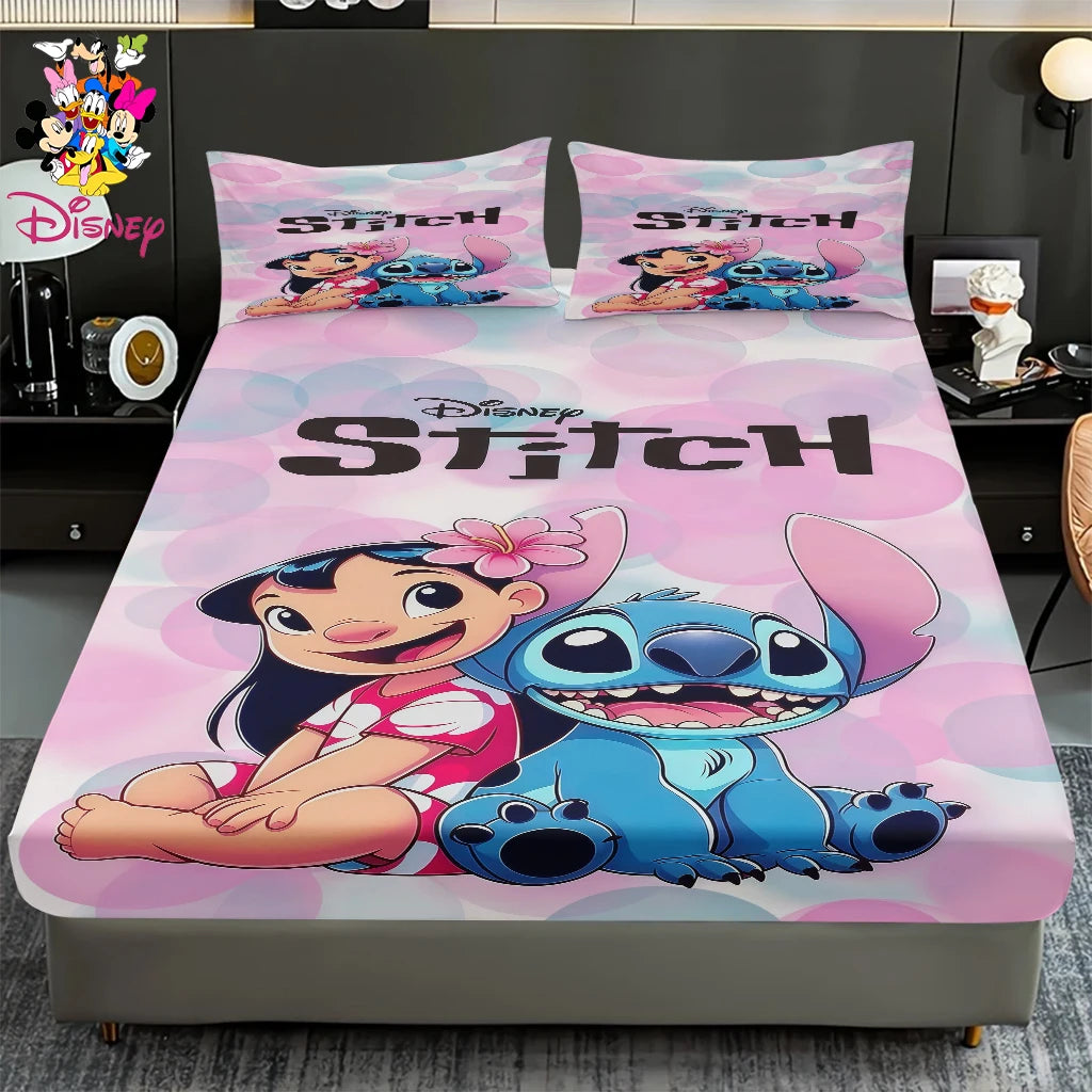 2/3pcs Disney Stitch Pink Galaxy Pattern Fitted Sheet Set Mattress Comfortable Breathable Bedding Set Deep Pocket for Bedroom