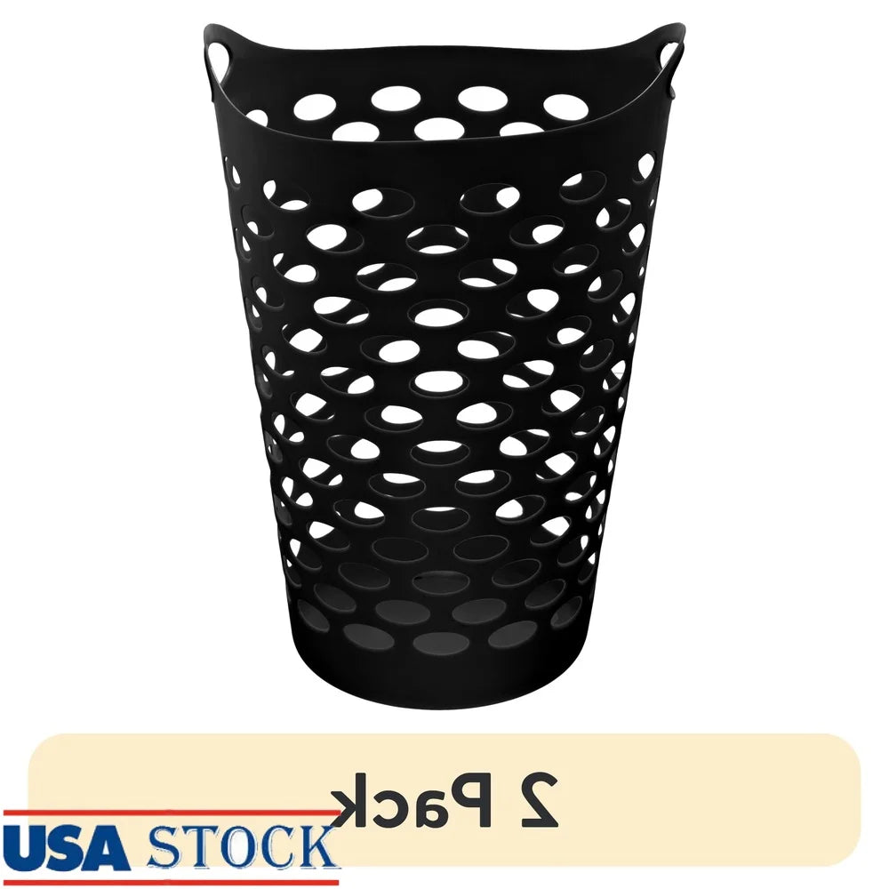 2 Pack Flexible Laundry Hamper with Carrying Handles Round Shape Durable Plastic Organizers Clothes Storage Ventilated Design