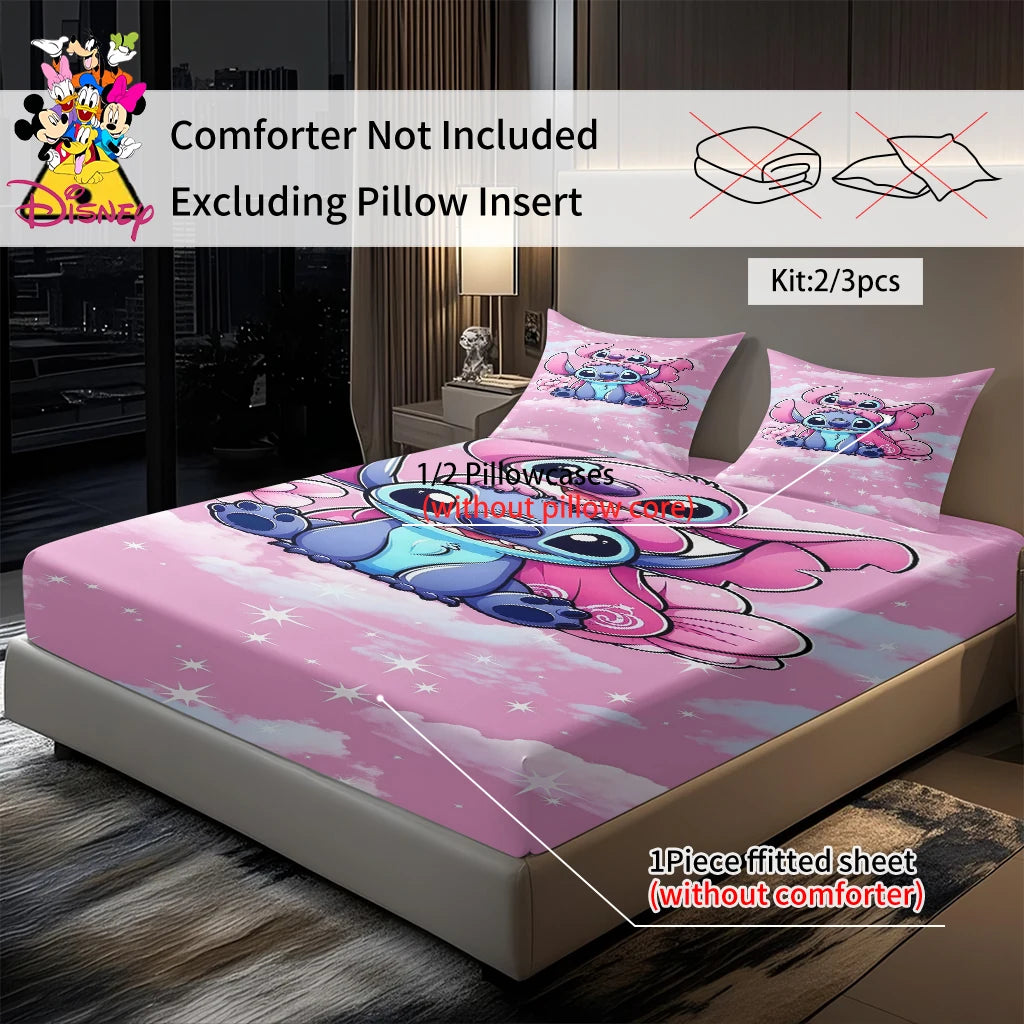 2/3pcs Disney Stitch Pink Galaxy Pattern Fitted Sheet Set Mattress Comfortable Breathable Bedding Set Deep Pocket for Bedroom