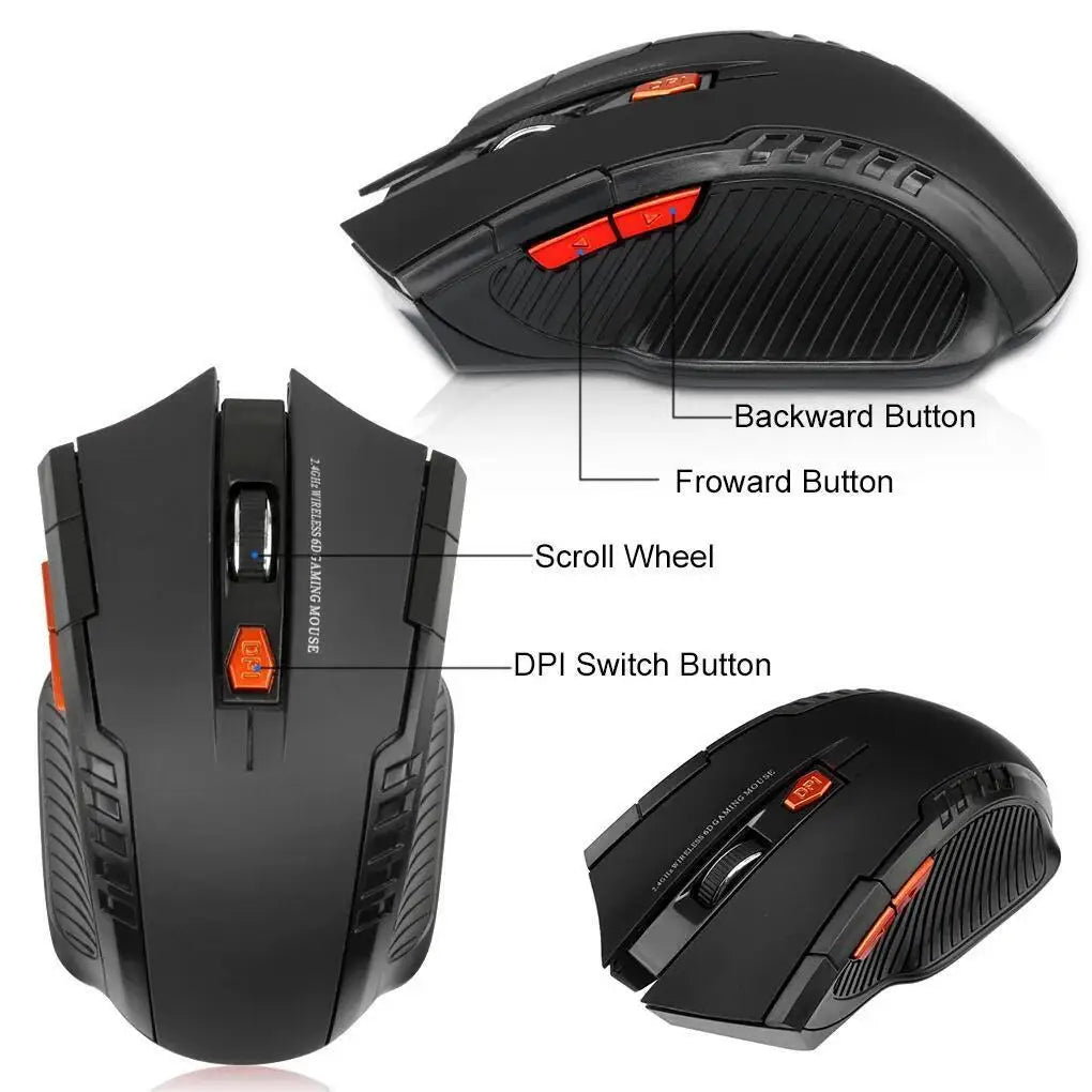 2.4G Wireless Black Mouse, Convenient Battery Powered, 1600DPI Optical Mouse, Computer Gaming Mouse with USB Receiver