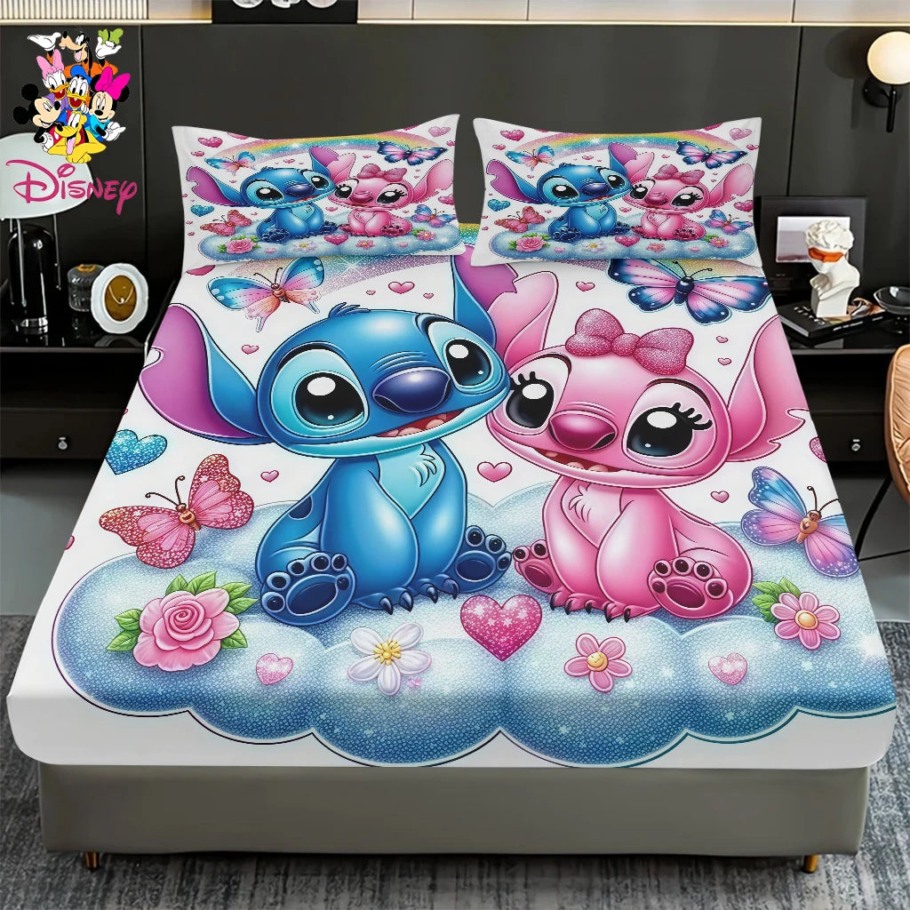 2/3pcs Disney Stitch Pink Galaxy Pattern Fitted Sheet Set Mattress Comfortable Breathable Bedding Set Deep Pocket for Bedroom