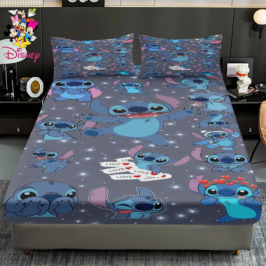 2/3pcs Disney Stitch Pink Galaxy Pattern Fitted Sheet Set Mattress Comfortable Breathable Bedding Set Deep Pocket for Bedroom