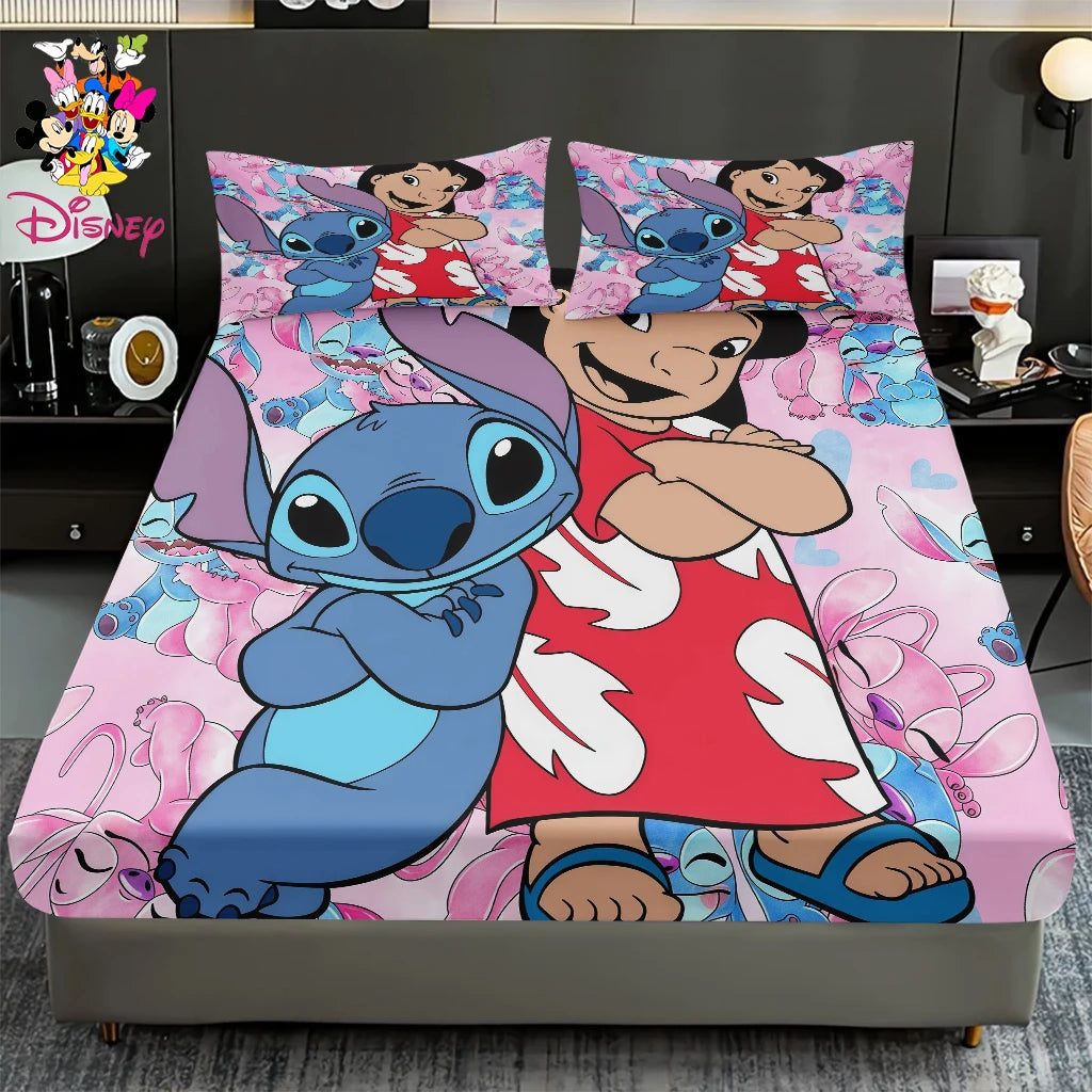2/3pcs Disney Stitch Pink Galaxy Pattern Fitted Sheet Set Mattress Comfortable Breathable Bedding Set Deep Pocket for Bedroom