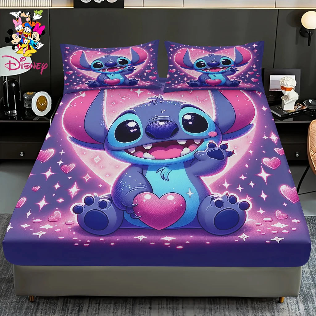 2/3pcs Disney Stitch Pink Galaxy Pattern Fitted Sheet Set Mattress Comfortable Breathable Bedding Set Deep Pocket for Bedroom