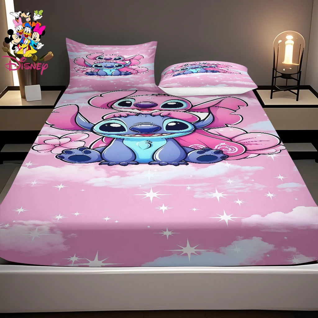 2/3pcs Disney Stitch Pink Galaxy Pattern Fitted Sheet Set Mattress Comfortable Breathable Bedding Set Deep Pocket for Bedroom