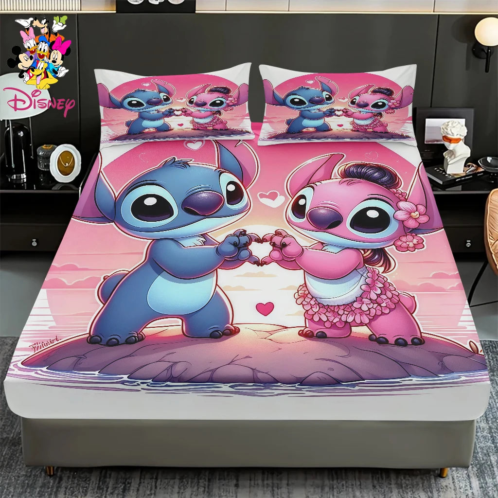 2/3pcs Disney Stitch Pink Galaxy Pattern Fitted Sheet Set Mattress Comfortable Breathable Bedding Set Deep Pocket for Bedroom