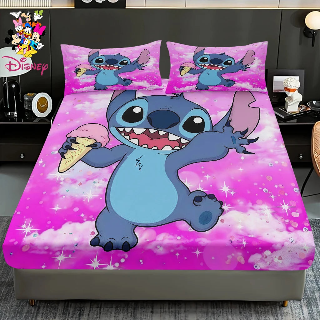 2/3pcs Disney Stitch Pink Galaxy Pattern Fitted Sheet Set Mattress Comfortable Breathable Bedding Set Deep Pocket for Bedroom