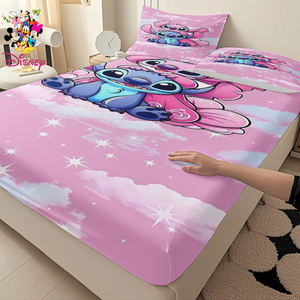 2/3pcs Disney Stitch Pink Galaxy Pattern Fitted Sheet Set Mattress Comfortable Breathable Bedding Set Deep Pocket for Bedroom